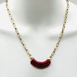Patricia Nash Sorella Red Leather Wrap Antique Gold Tone Crescent Necklace